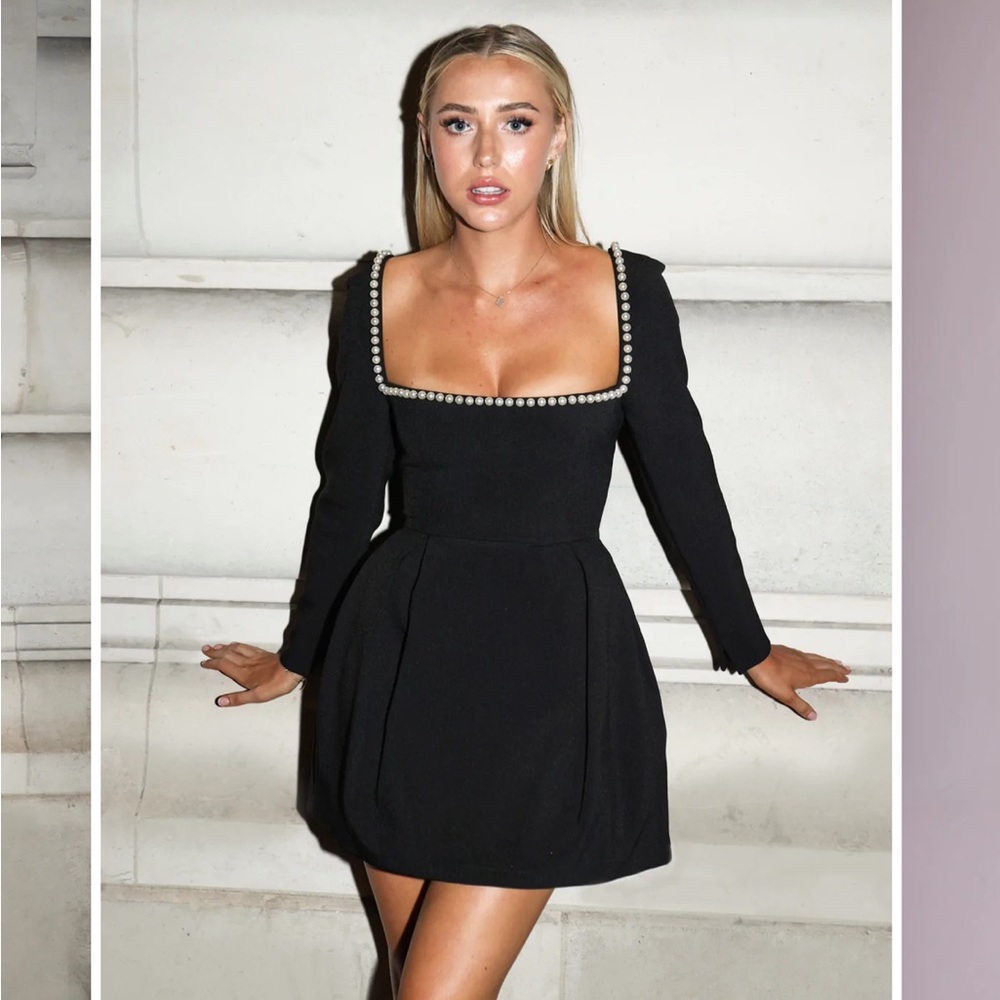 Elegant Black Mini Dress with Pearl Trim